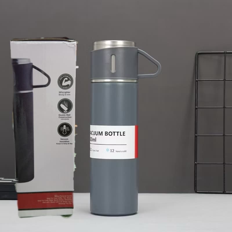 caneca Kit Garrafa Térmica Vacuum Bottle Inox 500ml 1 OU 3 Xícaras Bebidas Fria ou Quente