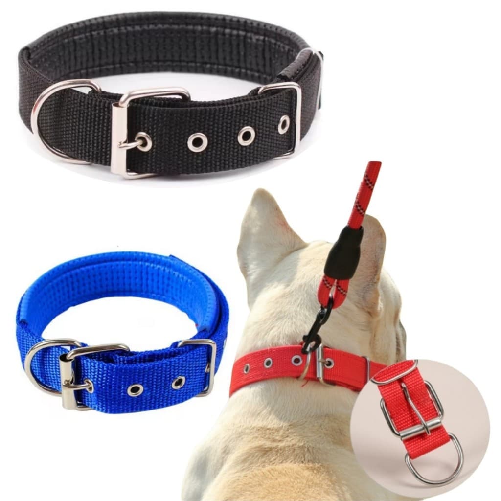 Coleira de Nylon Dupla Camada de Forro Com Costura Reforçada Fivela de Metal Para Cachorro Grande Médio Porte