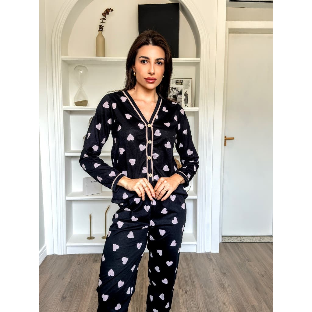 Pijama Feminino Americano Longo de Frio calça e blusa manga longa botão gestante amamentação inverno