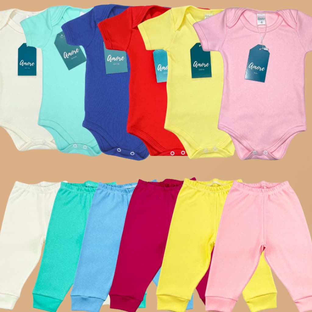 Roupa Kit 6 Peças Bebê Body Manga Curta e Calça Menina Menino Infantil