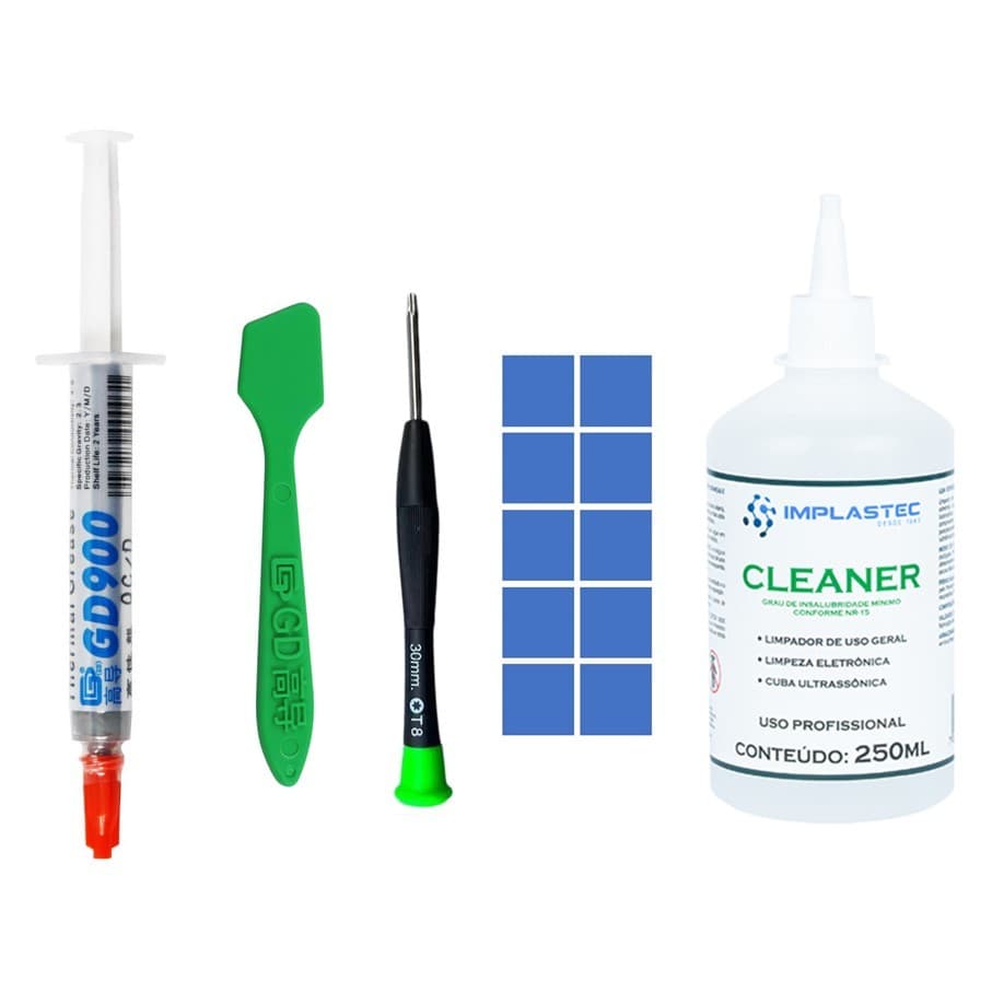 Kit Pasta Térmica GD900 + Raspador + Chave Torx T8 com Furo +  Cleaner Limpador de Pasta Térmica 250ml + 10 Thermal Pad