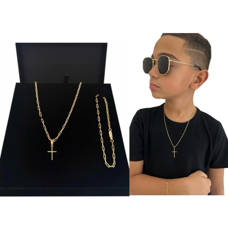 Conjunto Infantil Corrente 50Cm Banhado a ouro 18K +Pulseira e Pingente