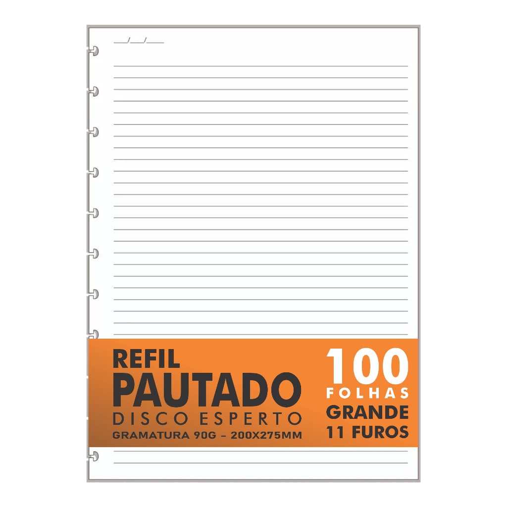 Refil Genérico Pautado Compatível Caderno Discos / Inteligente 100 Folhas Grande 11 Furos 90g