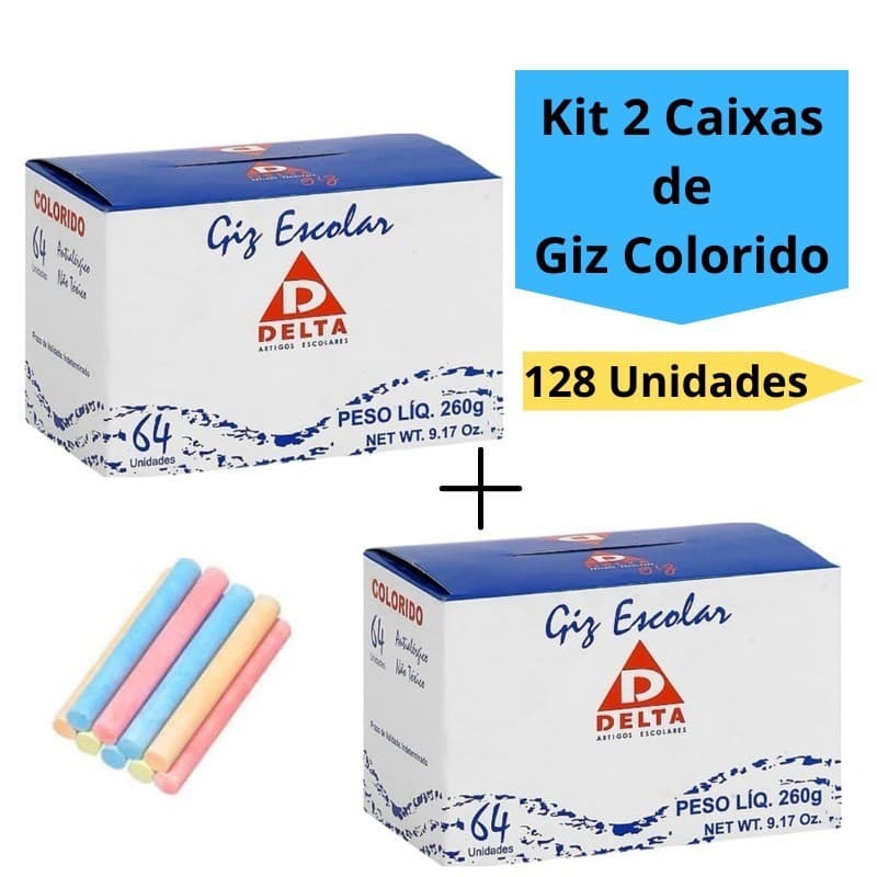 Kit 2 Caixas de Giz Colorido Escolar Quadro Verde Negro Caixa com 128 Unidades Delta