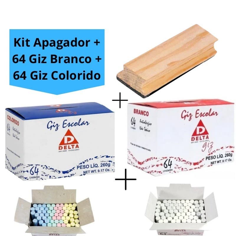 Kit 64 Giz Colorido + 64 Giz Branco + Apagador Quadro Verde Escolar