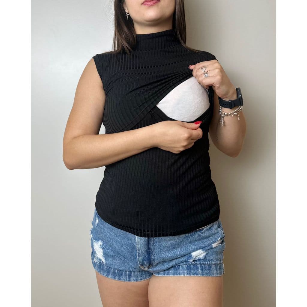 Blusa Amamentação Gola Alta Canelado Sem Manga Gestante