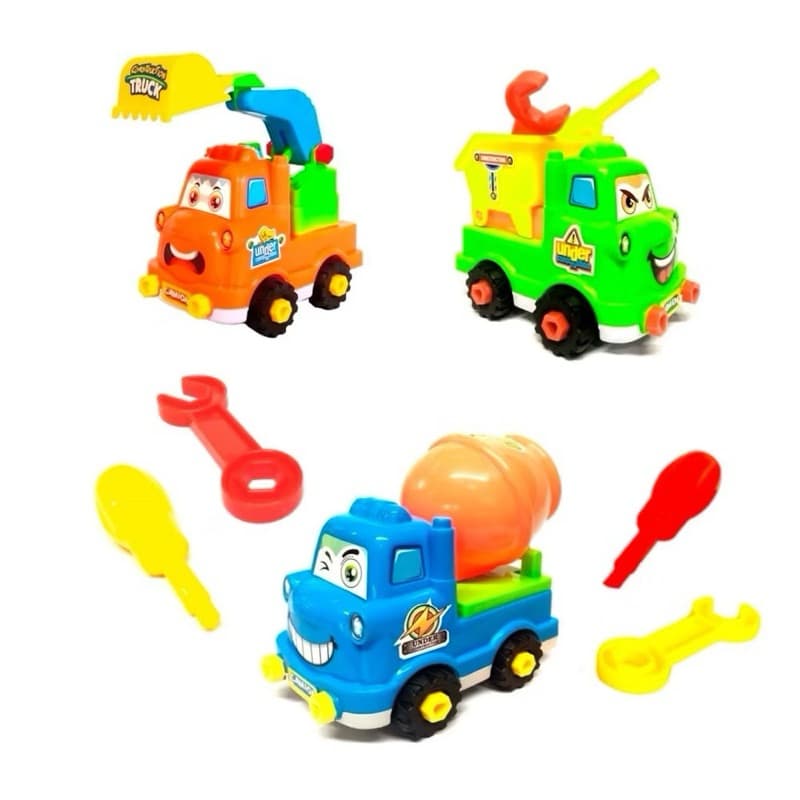Super Kit 3 Caminhão Monta e Desmonta, Caçamba, Betoneira, Escavadeira , Acompanha as Chaves para Montar, Roda Livre