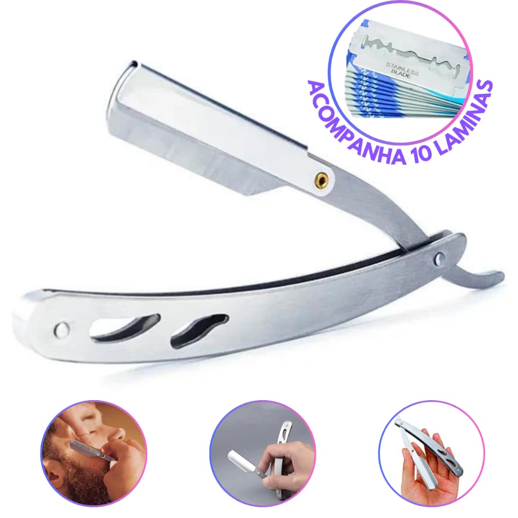 Navalha de Barbear Profissional Em Aço Inox Navalhete Para Barba Com 10 Lâminas