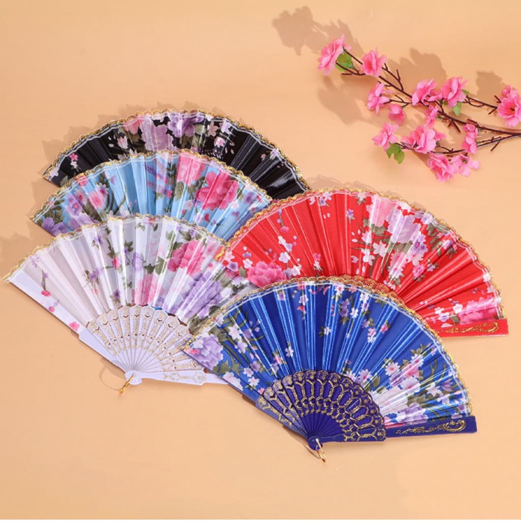 Kit 3 Leque de tecido estampado Dobrável Paetê Luxo com Decoração Brilho para Abanar