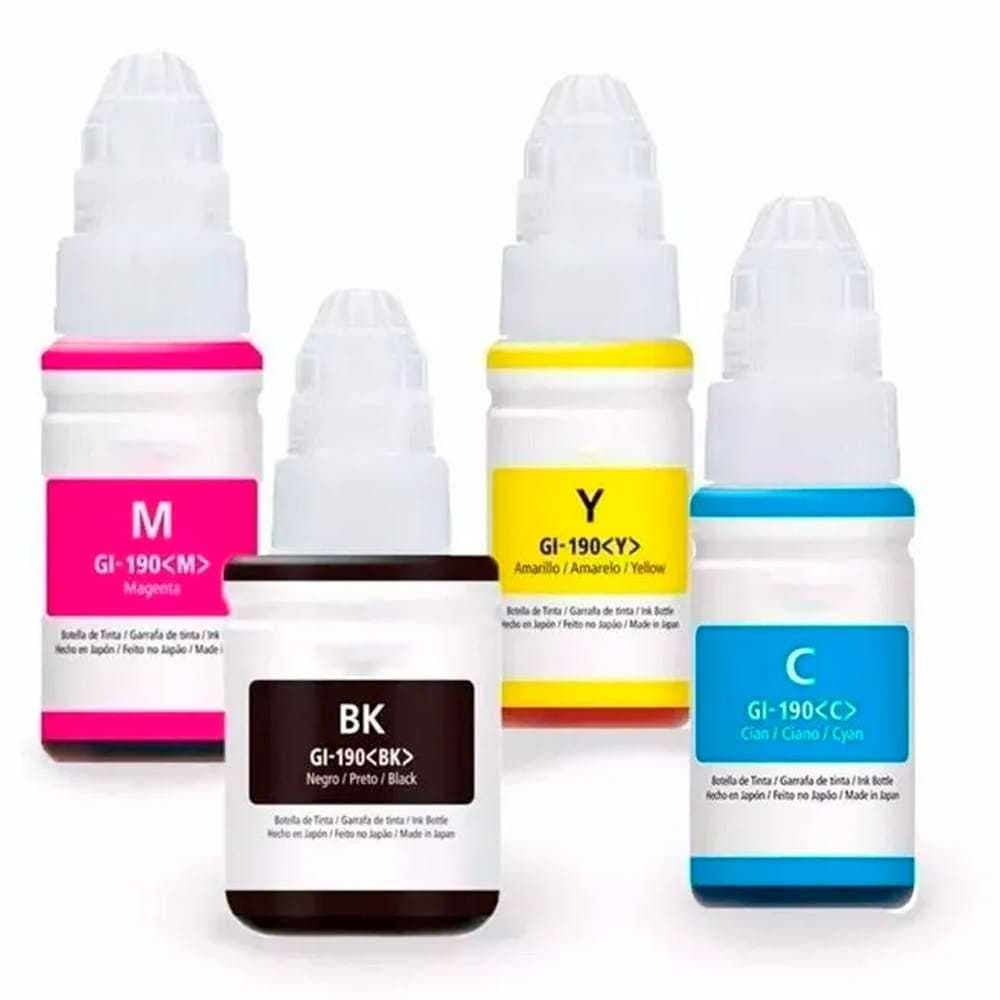 Kit 4 Refil Tinta GI190 Compatível para uso em impressora Canon G1100 G2100 G3100 G4100 G3110 G3111 G4111
