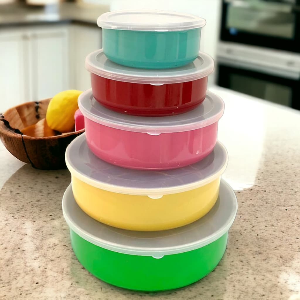 Kit Conjunto 5 Potes Tigelas Com Tampa Bowl Saladeira Alimentos Mantimentos