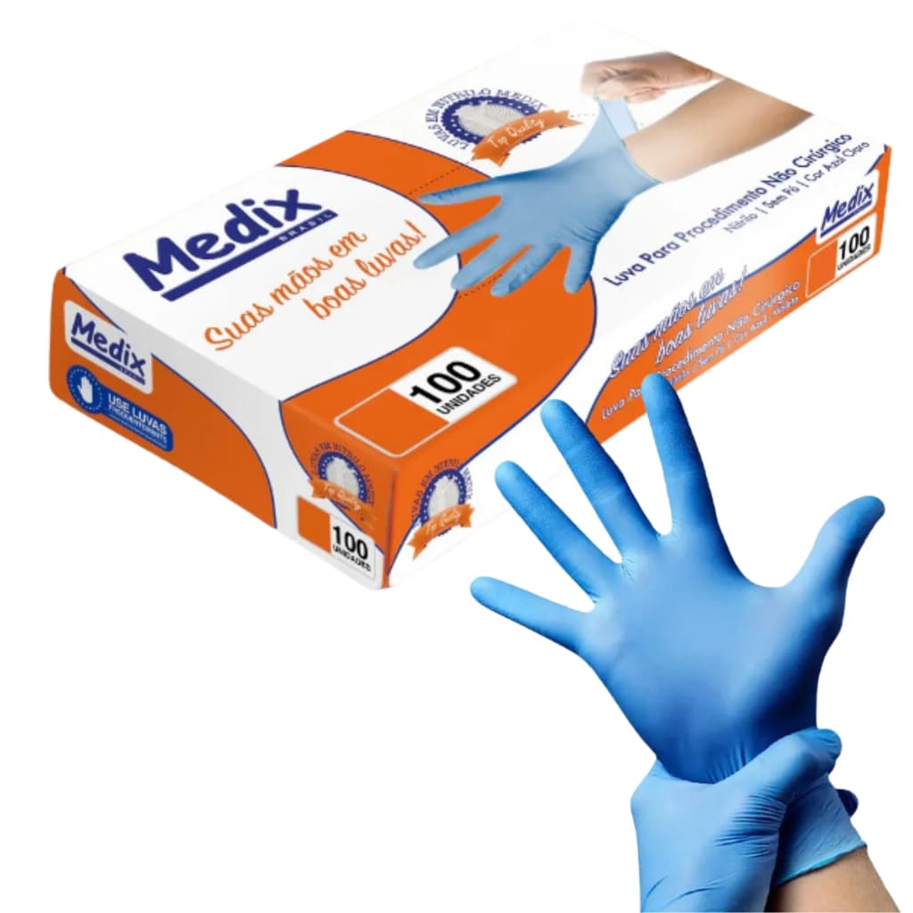 Kit Até 3 Caixas Luva Nitrílica Azul Sem pó Resistente Descartável (100 a 300 Unidades) Profissional