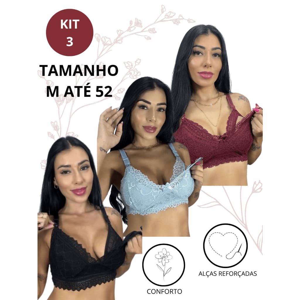 KIT C/ 3 Sutiã de Amamentação de Renda Reforçado Comum e Plus Size Pós Parto Gestante