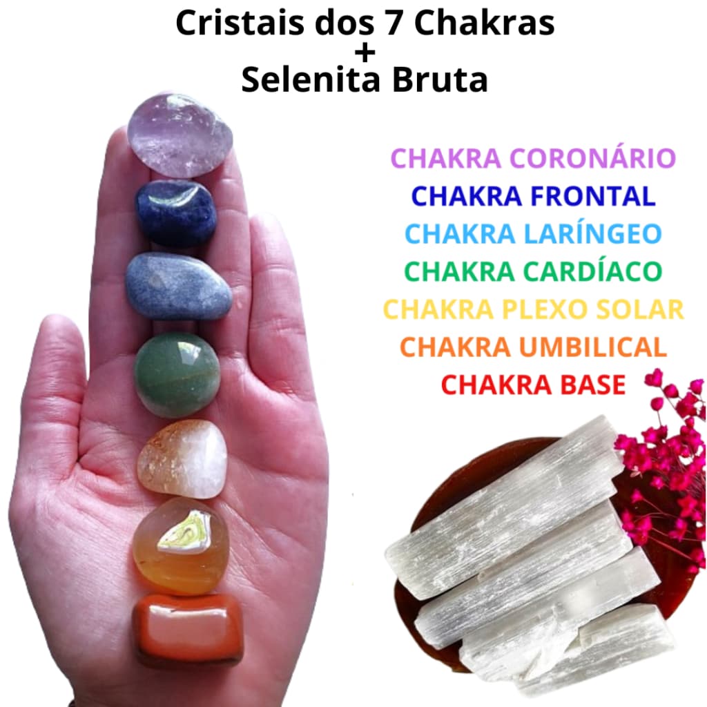 Kit 7 Pedras dos Chakras + Selenita Branca - Cristais 100% Natural - Alinhe e Equilibre seus Chakras