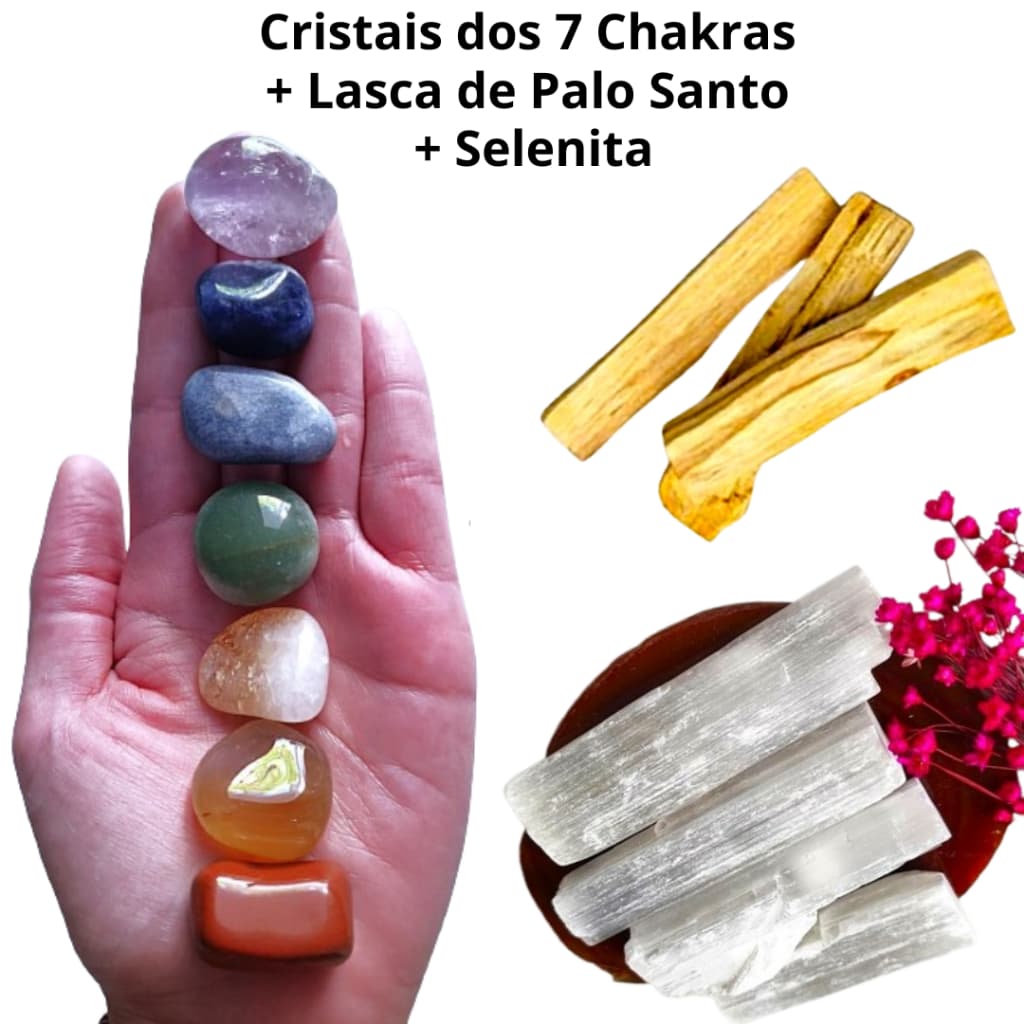 Kit 7 Cristais dos Chakras + Palo Santo + Selenita Branca - Pedras Naturais - Limpeza Energética