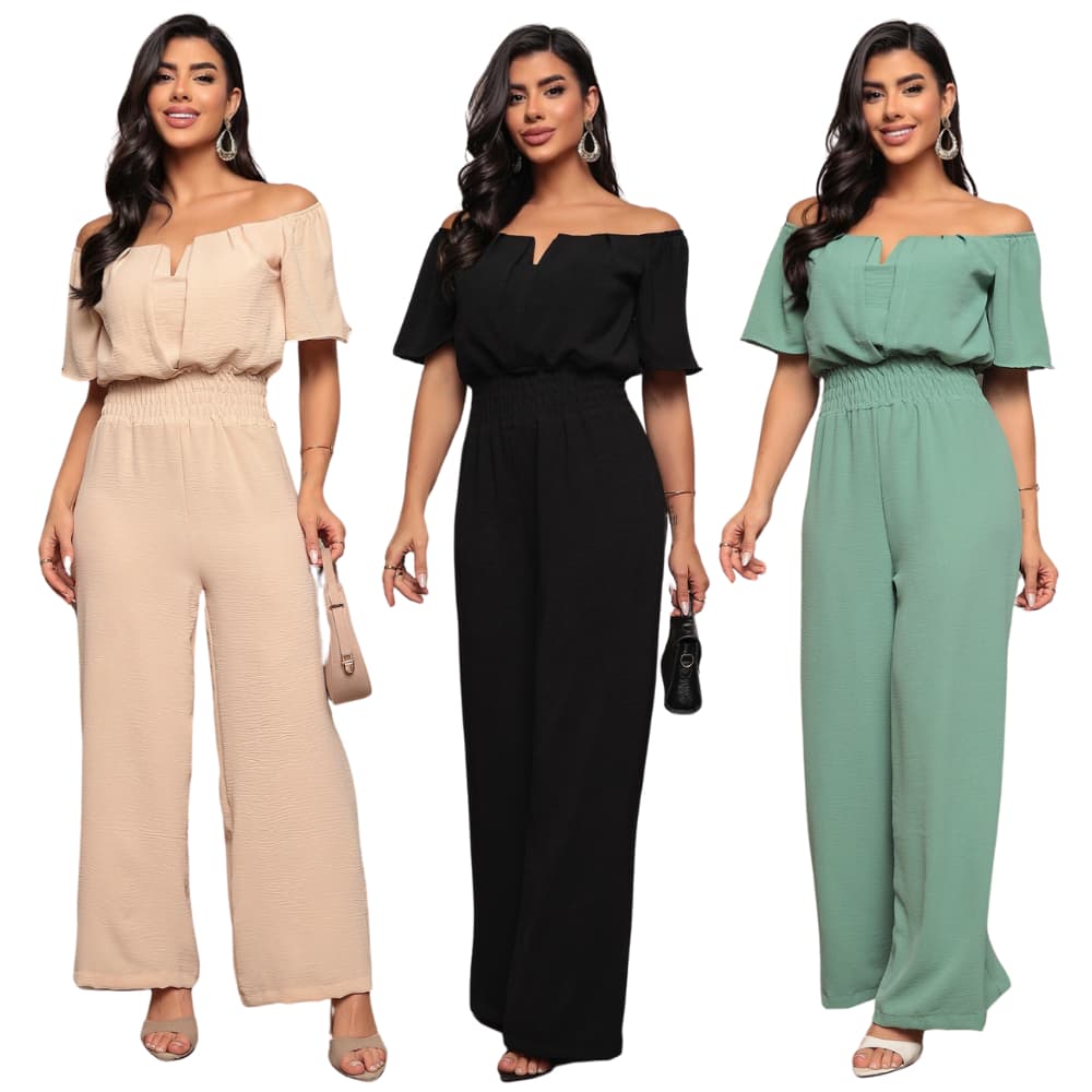 Macacão Longo Canoa Ombro a Ombro feminino Luxo Pantalona Alfaiataria Duna