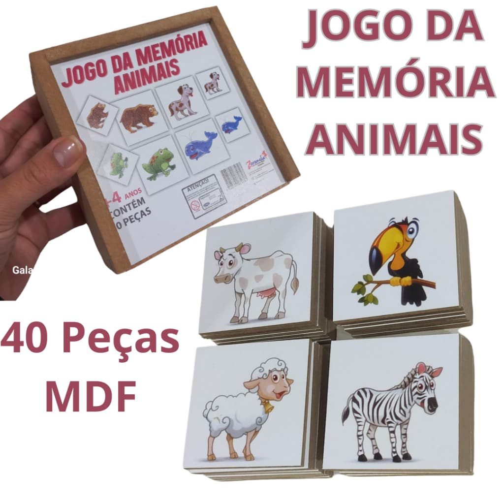 Jogo da Memória Animais em MDF - 40 Peças de Madeira para Desafios Divertidos