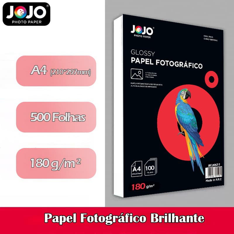 500 Folhas GLOSSY 180g A4 Papel Fotográfico Brilhante Resistente a Água JOJO BRASIL