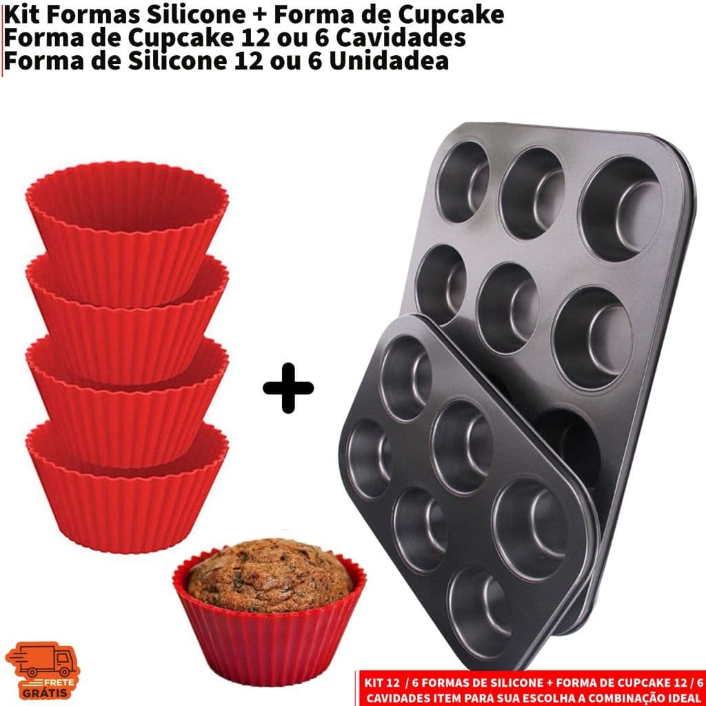 Kit 12 ou 6 Forminhas de Silicone Não Gruda + Forma de Cupcake 12 ou 6 Cavidades Antiaderente Empada