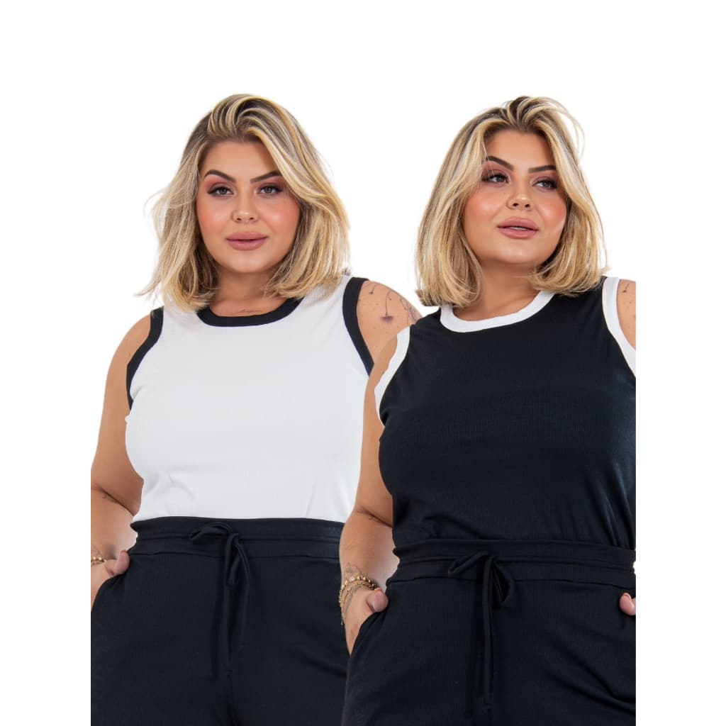 Kit 2 Regatas Blusa Plus Size Feminina Bicolor Canelado Alta Elasticidade Zero Transparência Até G4