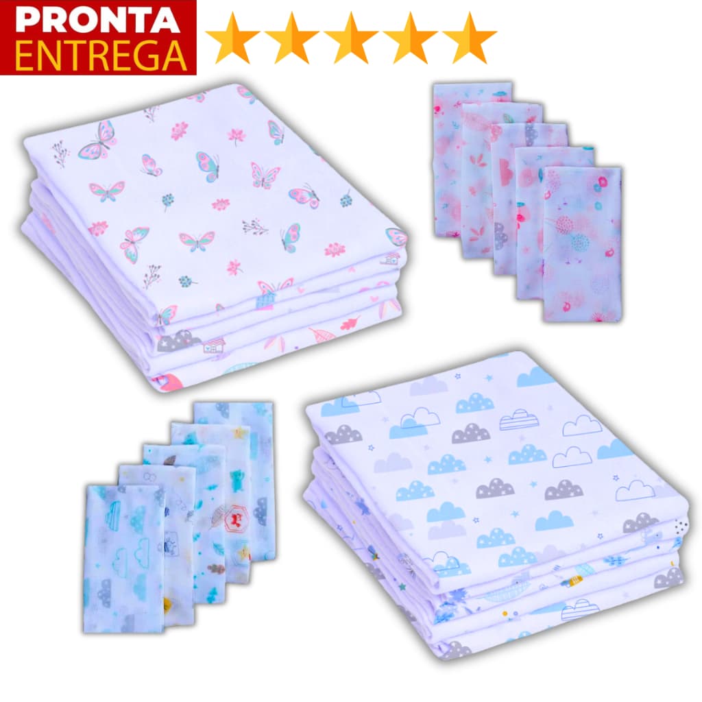 Kit 5 Fralda De Pano Estampado 60 x 60 Enxoval Infantil Bebê Menino Menina