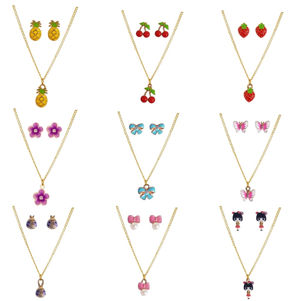 5 Kits Colar E Brincos Infantil Dourado Bijuteria Vários Modelos Menina Lembrança Revenda