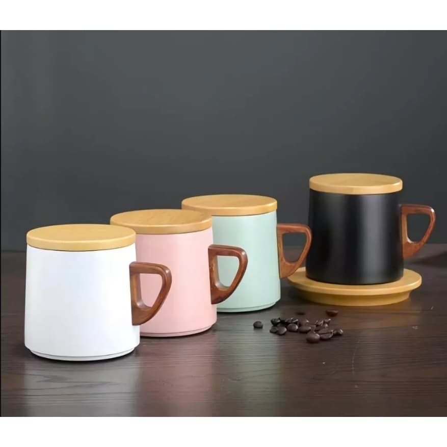 Xicara Térmica com Tampa e Pires de Madeira Café Chá