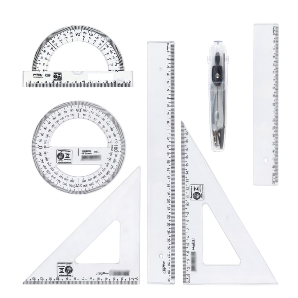 Conjunto Escolar Matemática Geometria Transparente Régua Transferidor Esquadro Compasso