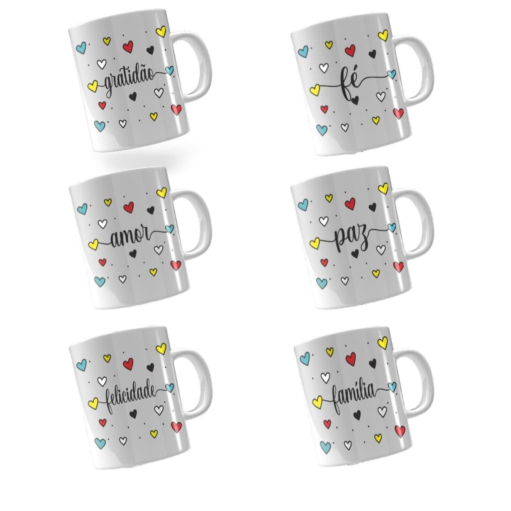 Kit 12 Canecas De Porcelana 120ml - Xicara com Palavras Inspiradoras - Fé, Gratidão, Felicidade, Amor, Paz e Família