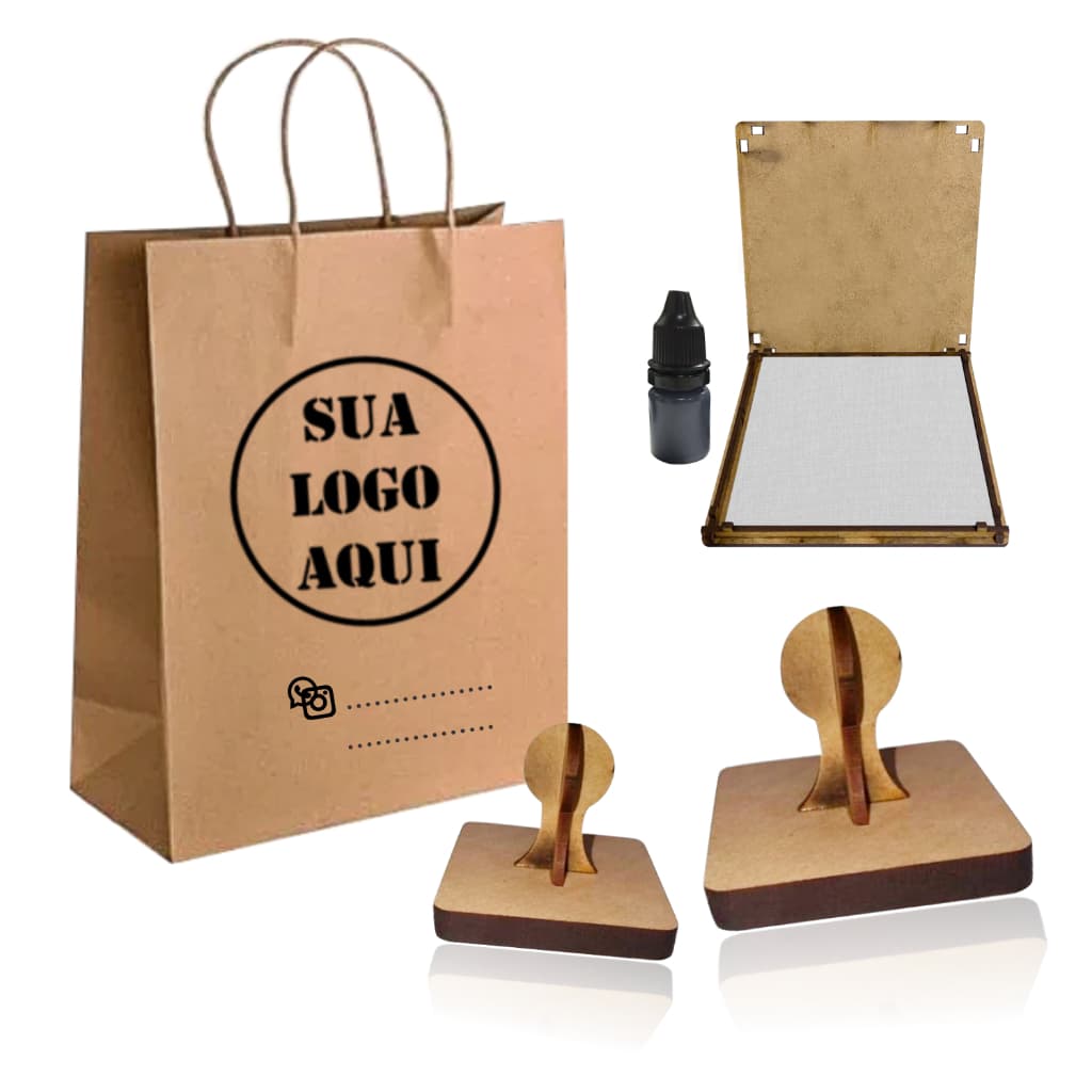 Kit 2 Carimbos - 10cm e 5cm + almofada e tinta. Carimbo Personalizado Sacola Kraft Tecido Plástico Isopor