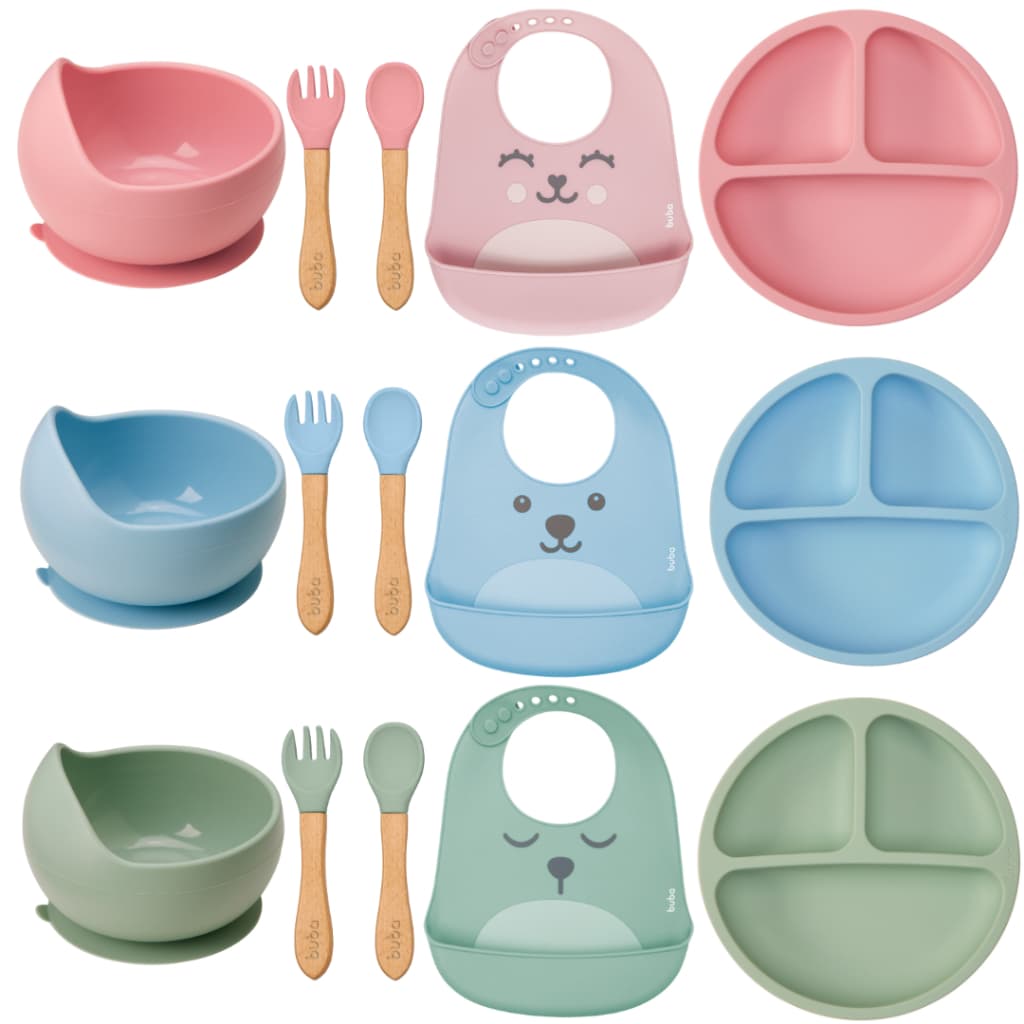 Kit Alimentação Silicone Gumy Buba 5 Peças Babador Prato Bowl Talher de Bambu Introdução Alimentar
