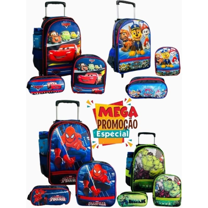 Kit Escolar Infantil Grande Com Rodinha Personagens Para Meninos