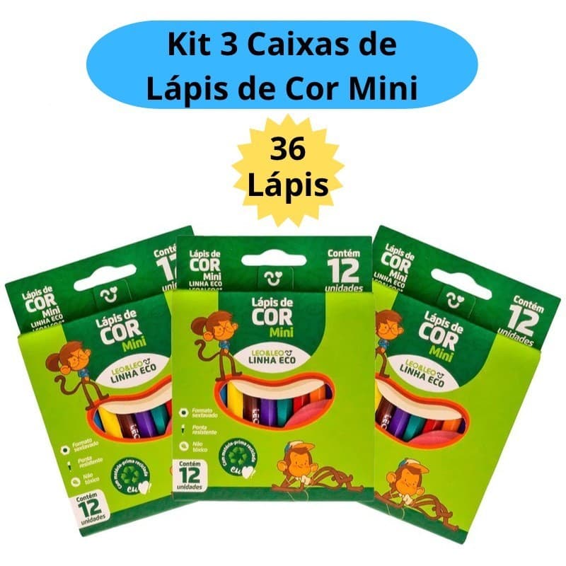 Kit 3 Caixas de Lápis de Cor Mini Caixa com 12 Cores cada Escolar Leo&Leo