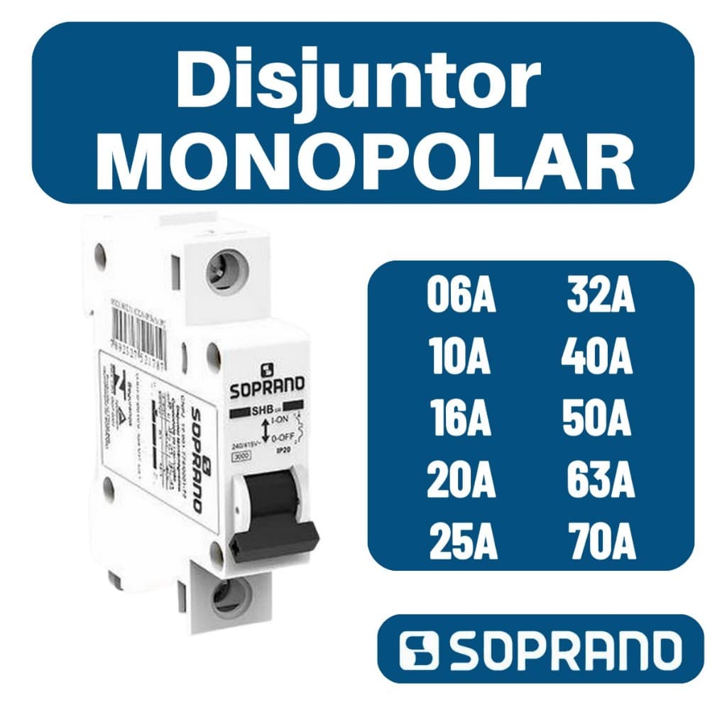 Disjuntor Monopolar 1 Polo 6A 10A 16A 20A 25A 32A 40A 50A 63A 70A Curva C SHB-GII SOPRANO