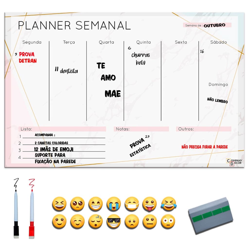 Quadro Lousa Planejador Mensal / Planejamento Semanal Planner 40x60 metal - 2 CANETAS E 12 iMÃS EMOJIS