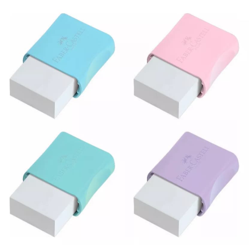 Kit 4 Borrachas Com Capa Faber-Castell Tom Pastel Azul Rosa Verde Roxo Branca Capa Vermelha Ou Neon