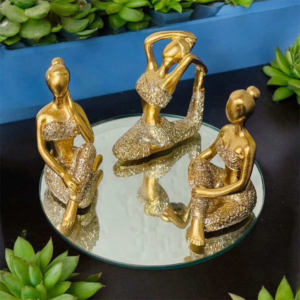 Kit C/3 Estátuas Decorativo Posições De Yoga 6cm + Bandeja Espelhada Meditação Enfeite