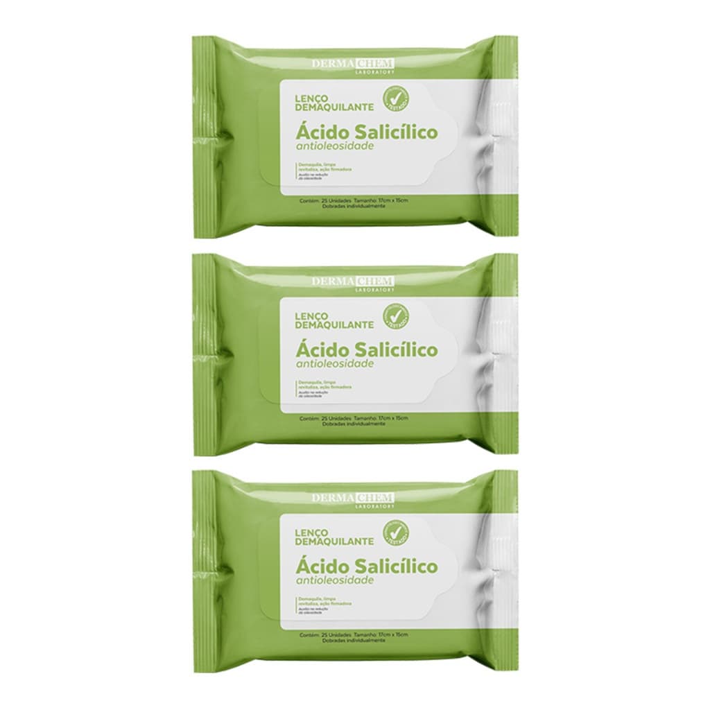 Kit Dermachem 3un Lenço Demaquilante Ácido Salicílico - 25 Unidades por Pacote