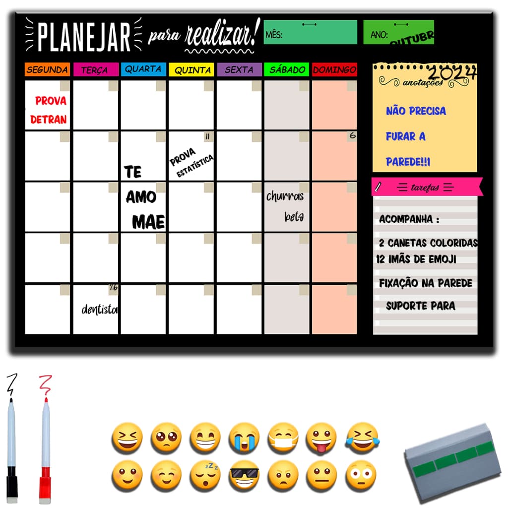 Quadro Planner Agenda Lousa Quadro Planejador Mensal / Planejamento Semanal Planner 40x60 - 2 CANETAS E 12 iMÃS EMOJIS