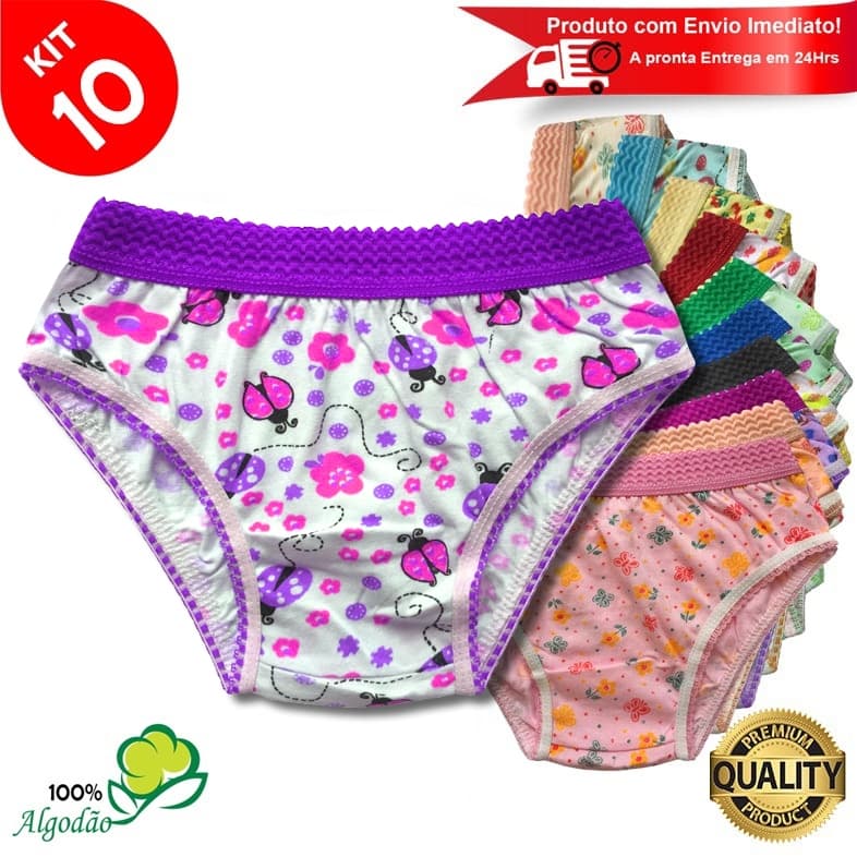 Kit 10 Calcinhas Infantil Estampada Algodão Cós Elástico Menina