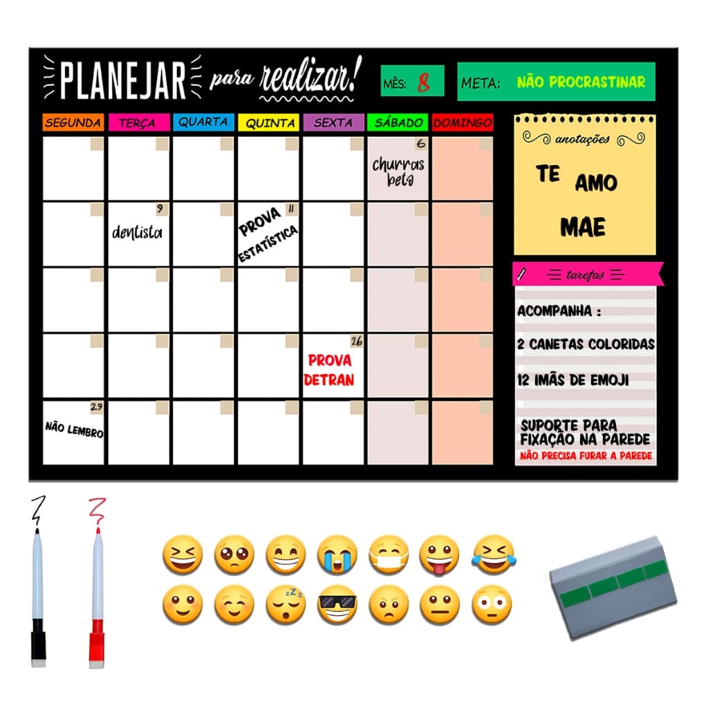 Quadro Lousa Planejador Mensal / Planejamento Semanal Planner 40x60 metal - Quadro Branco Agenda