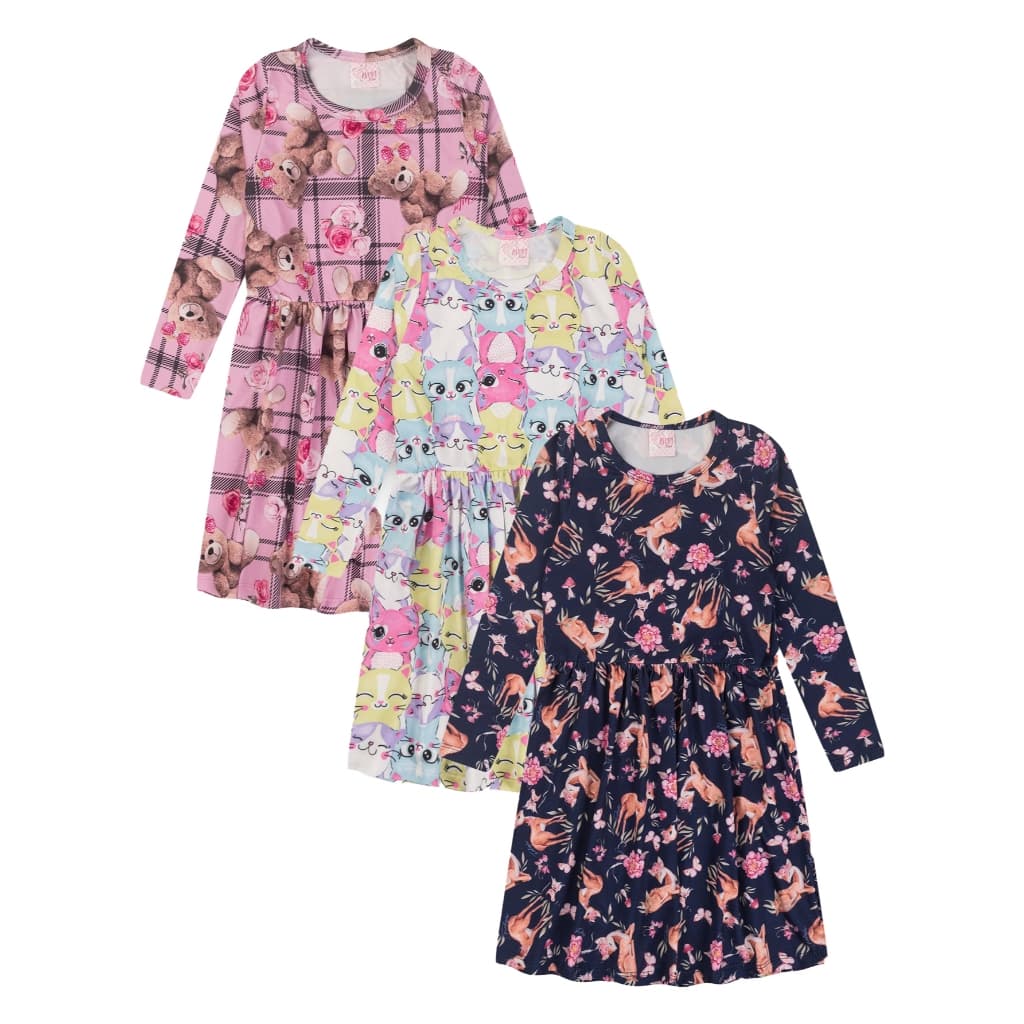 Kit 3 Vestidos Infantil Menina Manga Longa Inverno