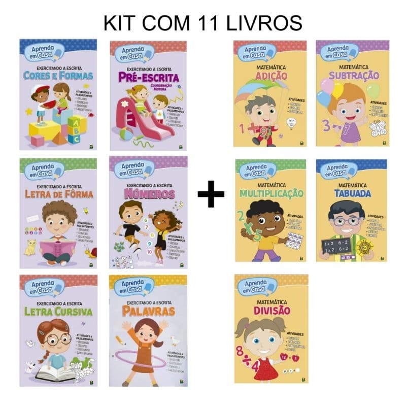 Kit 11 livros Aprenda em casa:  Exercitando a Escrita 6 livros + Matemática 5 livros reforço escolar