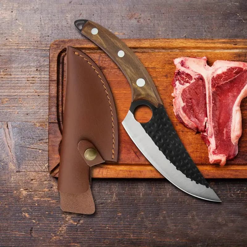 Faca de churrasco cozinha artesanal Artesanal Damasco Gourmet Profissional afiada aço inox C/bainha em couro legítimo