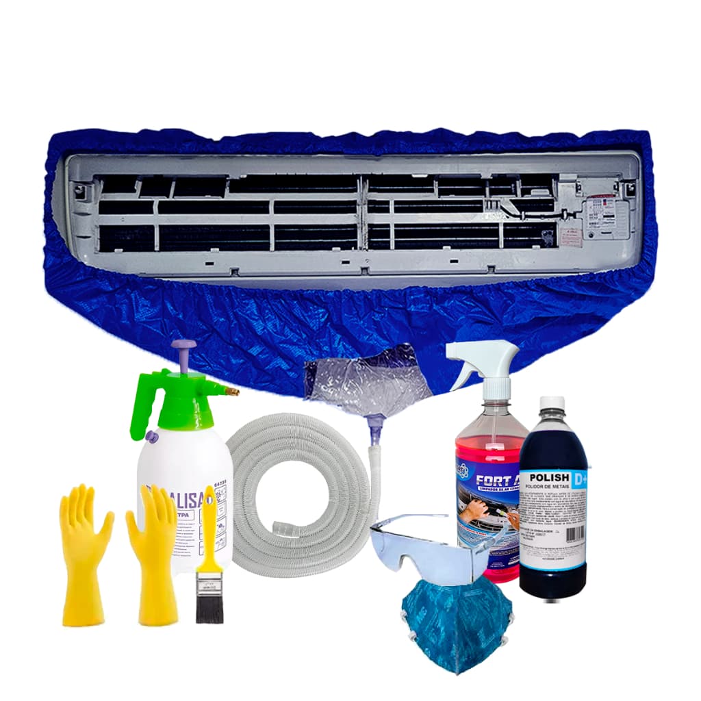 Kit Completo Higienização Ar Condicionado Bolsa Coletora de Até 30000 BTU´s com Abas Apoio Limpa Lumínio Pulverizador 2L