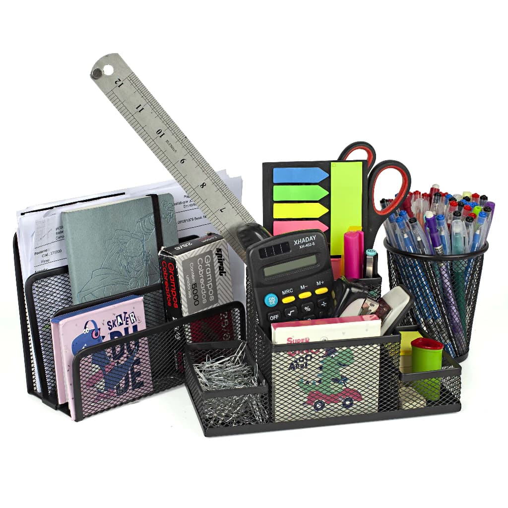 Kit 3 Organizador Porta Caneta Caderno Treco de Mesa Redondo Quadrado 4 Divisórias Metal Aramado