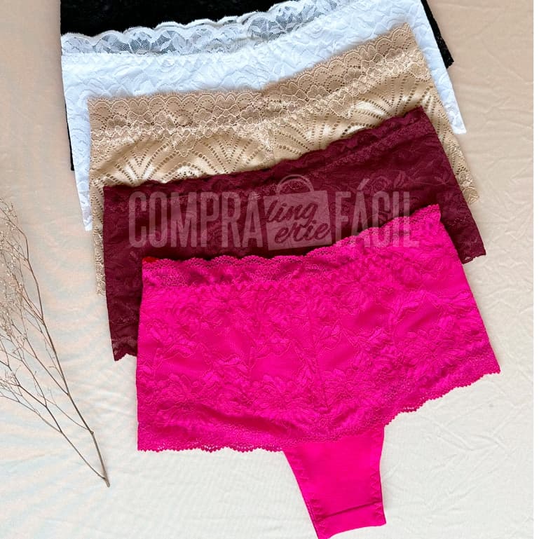 Kit com 4 Calcinhas Cinta Forrada Algodão e Renda Cós Alto Sustenação Leve Compressão Modeladora