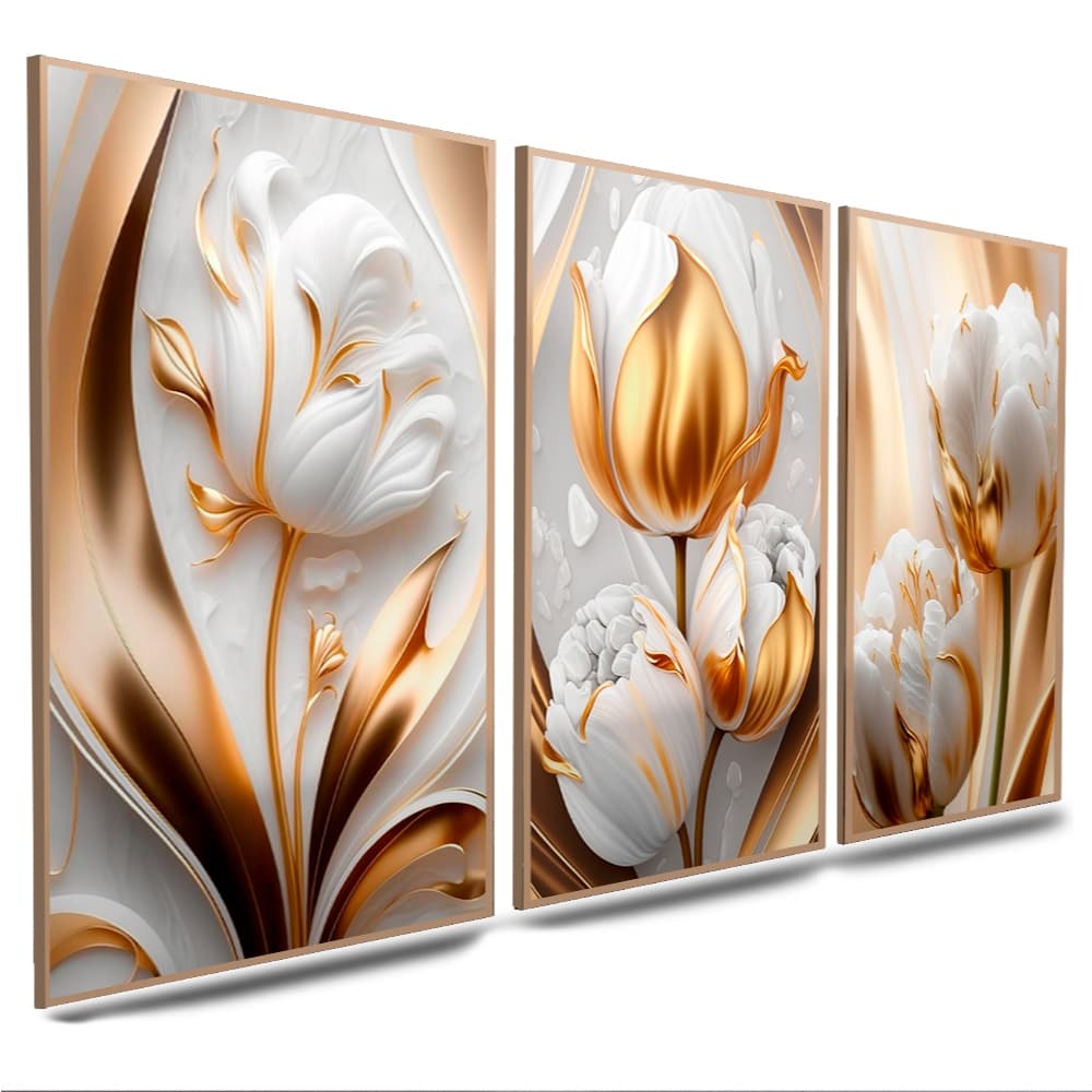 Quadros Flores Tulipas Brilhantes 3 Peças Para Sala Quartos Decoração Tulipas Douradas Golds (010bd)