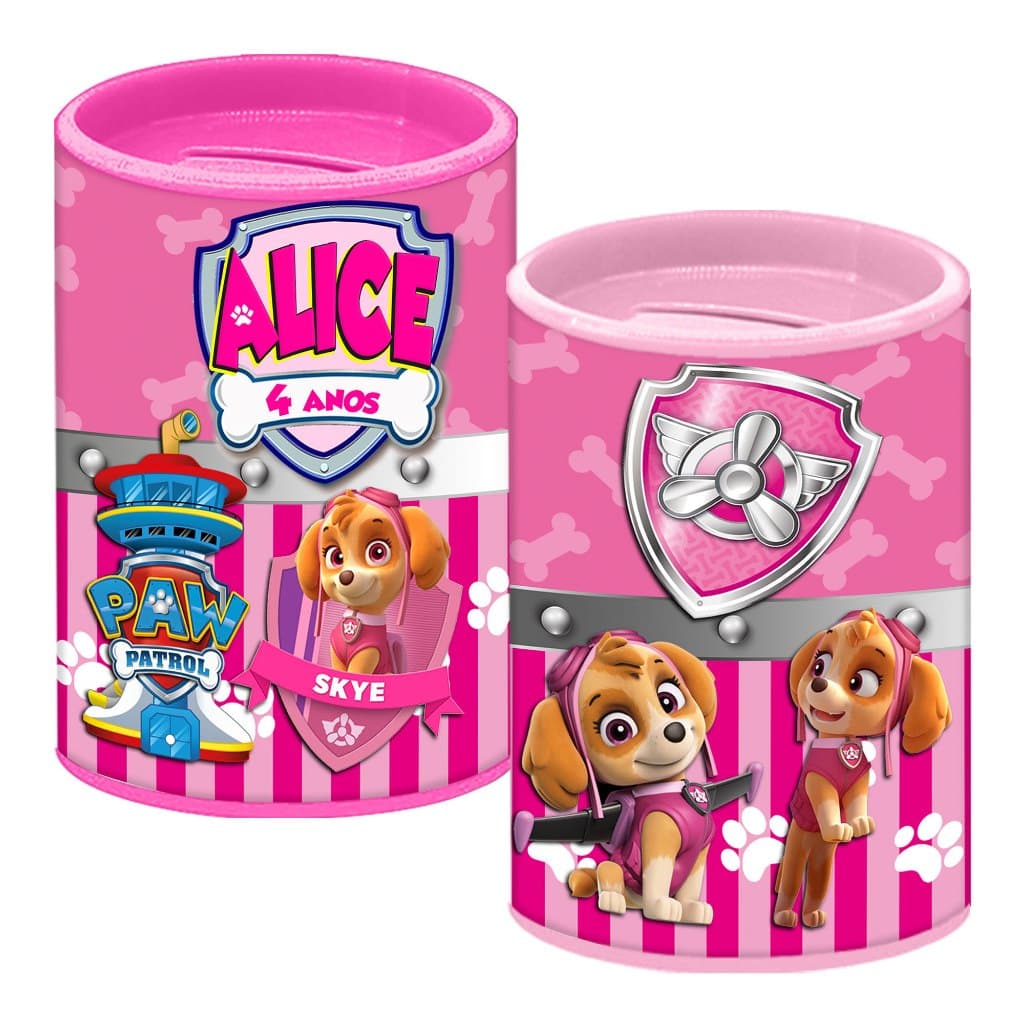 20 Cofrinho Personalizado Patrulha Canina Meninas Skye Rosa