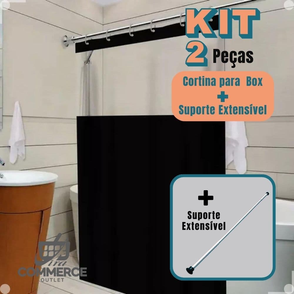 Kit Completo Cortina Box Banheiro com Visor – Lisa, Estampada Antimofo + Suporte de Cortina (varão)